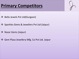 Primary Competitors
 Bello Jewels Pvt Ltd(Gurgaon)
 Sparkles Gems & Jewellers Pvt Ltd (Jaipur)
 Nazar Gems (Jaipur)
 Gem Plaza Jewellery Mfg. Co Pvt Ltd. Jaipur
 