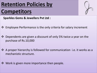 Retention Policies by
Competitors
Sparkles Gems & Jewellers Pvt Ltd :
 Employee Performance is the only criteria for salary increment
 Dependents are given a discount of only 5% twice a year on the
purchase of Rs.10,000
 A proper hierarchy is followed for communication i.e. it works as a
mechanistic structure.
 Work is given more importance then people.
 