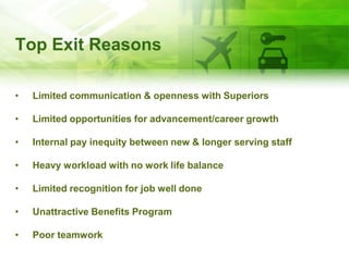 Signs That An Employee Is Planning
to Leave
• Significantly increased lackof focus
• Radical change in attitude
• Less involvement with informal activities
• Markedly less interest in "going the extra mile"
• Increased time off
 