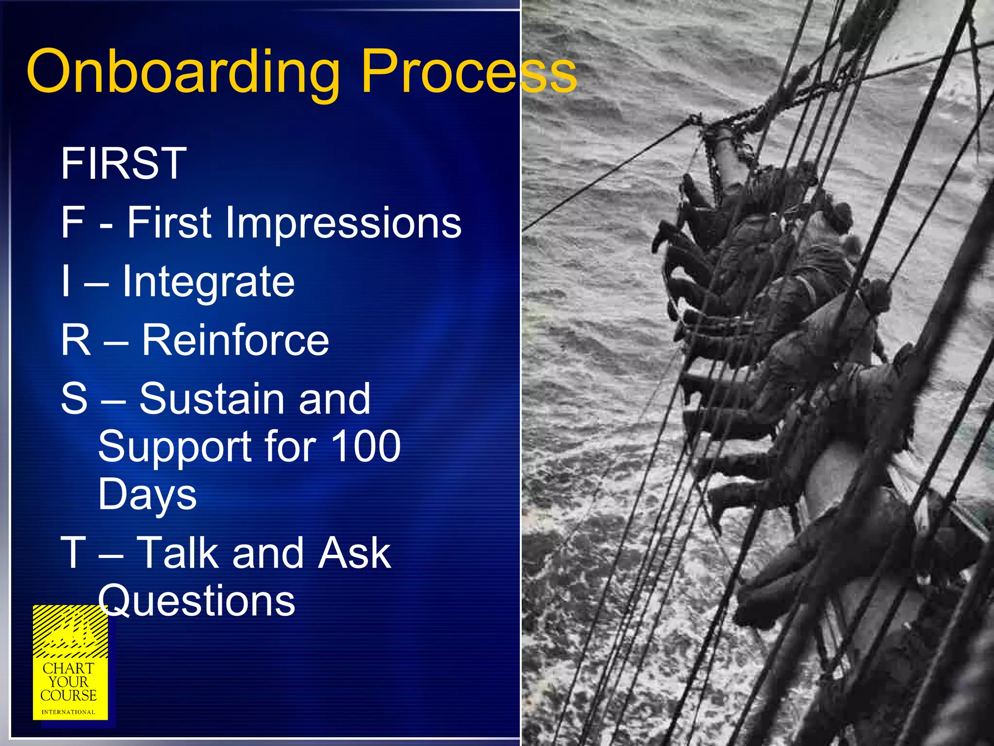 Onboarding Process FIRST F - First Impressions I – Integrate R – Reinforce S – Sustain and Support for 100 Days T – Talk and Ask Questions 