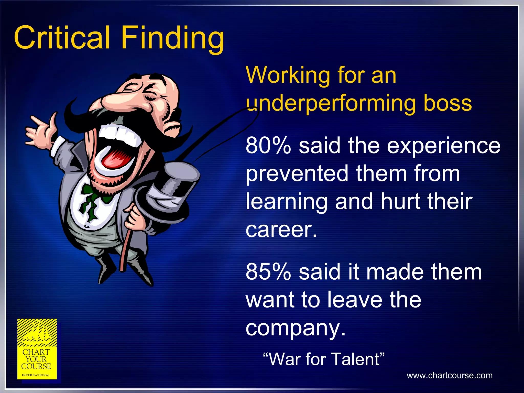 Critical Finding Working for an underperforming boss 80% said the experience prevented them from learning and hurt their career. 85% said it made them want to leave the company. “ War for Talent” 
