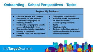 Prepare My Students
● Populate website with relevant
information for new students
● Send email campaign to all
incoming students
● Send email campaigns to specific
groups of students by type
● Host admitted student events (on
campus or regionally)
● Financial plans (aid and payment
plans)
● Employment opportunities
● Additional intake requirements
(i.e. immunizations)
● Technology requirements
● Books
● Housing details
● Continue to facilitate peer and
institutional connections across
all communications
Onboarding - School Perspectives - Tasks
 