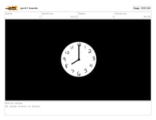 Scene
1
Duration
03:21
Panel
2
Duration
00:20
Action Notes
An alarm starts to blare.
port3 boards Page 105/141
 