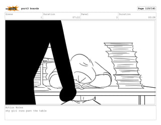 Scene
1
Duration
07:22
Panel
2
Duration
00:08
Action Notes
shy girl runs past the table
port3 boards Page 119/141
 