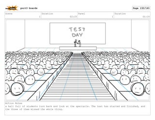 Scene
1
Duration
02:15
Panel
1
Duration
01:16
Action Notes
a hall full of students turn back and look at the spectacle. The test has started and finished, and
the three of them missed the whole thing.
port3 boards Page 132/141
 