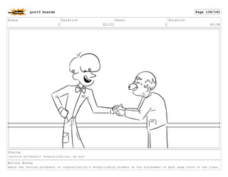 Scene
1
Duration
02:15
Panel
3
Duration
00:08
Dialog
(lecture professor) Congratulations, my boy!
Action Notes
where the lecture professor is congratulating a dorky-looking student on his achievment of best exam score in the class.
port3 boards Page 134/141
 