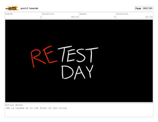 Scene
1
Duration
08:15
Panel
5
Duration
01:10
Action Notes
(RE is tacked on to the front of the title)
port3 boards Page 140/141
 