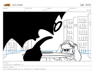Scene
1
Duration
41:08
Panel
35
Duration
00:20
Dialog
(librarian) SSHHHHHH!!!!!
Action Notes
jock meekly peeks up at librarian in embarrassment.
port3 boards Page 40/141
 
