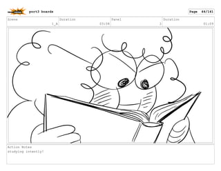 Scene
1_A
Duration
03:08
Panel
2
Duration
01:09
Action Notes
studying intently!
port3 boards Page 44/141
 