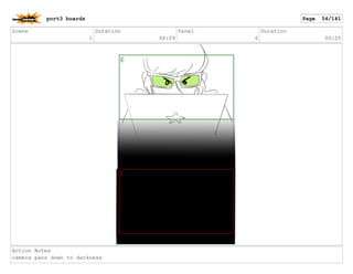 Scene
1
Duration
06:09
Panel
6
Duration
00:20
Action Notes
camera pans down to darkness
port3 boards Page 54/141
 