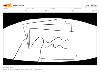 Scene
1
Duration
15:01
Panel
11
Duration
00:04
Action Notes
nerd's eyes slowly open onto her flashcards
port3 boards Page 83/141
 