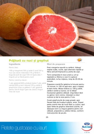 Prăjitură cu nuci şi grepfrut
Ingrediente
Pentru blat:
100 g margarină/100 g zahăr/2 ouă/150 g
nuci sau alune măcinate/175 g făină/½
linguriţă praf de copt/100 ml lapte/câte 1
lingură unt şi făină pentru tavă
Pentru cremă şi decor:
1 plic gelatină/500 g brânză dulce/1 plic zahăr
vanilat/200 g iaurt natural/125 g zahăr/2
grepfruturi (roşu şi galben)/1 plic gelatină
pentru tort/4 linguri gem de caise/2 linguri
miez de nucă
Mod de preparare
Freci margarina spumă cu zahărul. Adaugi
treptat ouăle, nucile, apoi alternativ laptele şi
făina cernută împreună cu praful de copt.
Torni compoziţia în tava unsă cu unt şi
tapetată cu făină şi o coci în cuptorul
preîncălzit, la foc mijlociu, timp de 25-30 de
minute.
Preparare cremă:Pui gelatina la înmuiat pentru
10 minute, în 100 ml apă rece, apoi o topeşti
la bain-marie. Mixezi brânza cu 100 g zahăr,
zahărul vanilat şi iaurtul, iar la sfârşit
încorporezi gelatina călduţă. Ungi blatul răcit
cu gemul, torni crema, netezeşti cu latul
cuţitului şi dai la rece pentru 2 ore.
Cureţi grepfruturile de coaja groasă, apoi
fiecare felie de învelişul subţire, amar. Presari
peste cremă miez de nucă tăiat cu cuţitul, apoi
aşezi feliile de grepfrut alternând culorile, iar
deasupra torni cu lingura gelatina pentru tort
călduţă, preparată cu zahărul rămas, conform
instrucţiunilor de pe plic.
25
 