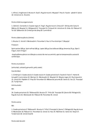 1. Afine 2. Anghinare 3.Brustur4. Dud 5. Rug de mure 6. Muşeţel 7.Nuc 8. Fasole - păstăi 9. Salvie
10. Urzică vie 11. Diuretic
Pentruîntărireaorganismului
1. Cătină 2. Coriandru3. Coacăz negru4. Frag 5. Rug de mure 6. Zmeură7. Ghinţură8. Gutui 9.
Măcieş 10. Muşeţel 11. Obligeană12. Troscoţel 13. Ţintaură 14. Urzică vie 15. Grâu 16. Păducel 17.
Tei 18. Gălbenele 19.Cimbrişorde câmp20. Luminărică
Pentrucădereapărului (chelie)
1. Brustur 2. Urzică 3. Mesteacăn4. Porumbar5. Nuc 6. Prun bistriţan7. Muşeţel
Frecţiuni:
Spirtsanitar100 gr, Spirtrafinat100 gr, Lapte 100 gr,Ceai alăturat100 gr,Amoniac25 gr, Oţet3
linguri,Sare 3 linguri
-dupăspălareapărului se clăteşte cuceaiul de mai susamintit,apoi se tamponeazăcuaceastă
combinaţie.
Pentrureumatism
(articulaţii,coloană,genunchi,şold,coate)
Ceai de băut:
1. Cimbrişor2. Coada calului 3.Coada racului 4. Coada şoricelului 5.Fasole 6.Frasin7. Hamei 8.
Ienupăr9. Lemndulce 10. Merişor11. Mesteacăn12. Muşeţel 13. Muştar negru14. Osul iepurelui
15. Urzică 16. Păpădie 17. Plop18. Porumbar19. Mătase de porumb20. Salcie 21. Soc 22. Troscoţel
23. Turiţă mare
Antireumatic
Băi:
24. Coada şoricelului 25.Tătăneasă26. Brustur27. Trifoi 28. Troscoţel 29. Ştevie 30. Pătlagină31.
Rug de mure 32. Mesteacăn33. Păducel 34. Porumbar35. Urzică
Pentruvarice
Băi:
1. Coada şoricelului2.Tătăneasă3. Brustur4. Trifoi 5 Troscoţel 6. Ştevie 7.Pătlagină8. Rug de mure
9. Mesteacăn 10. Păducel 11. Porumbar12. Urzică 13. Nuc 14. Răchitan15. Salcie 16. Stejar17.
Turiţă mare 18. Urzică moartă
Pentruboli de ochi
 