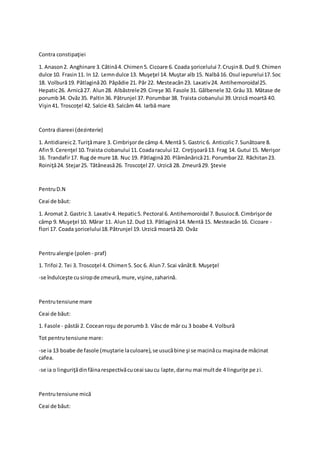 Contra constipaţiei
1. Anason2. Anghinare 3.Cătină4. Chimen5. Cicoare 6. Coada şoricelului 7.Cruşin8. Dud 9. Chimen
dulce 10. Frasin11. In 12. Lemndulce 13. Muşeţel 14. Muştar alb 15. Nalbă16. Osul iepurelui17.Soc
18. Volbură19. Pătlagină20. Păpădie 21. Păr 22. Mesteacăn23. Laxativ24. Antihemoroidal25.
Hepatic26. Arnică27. Alun28. Albăstrele29.Cireşe 30. Fasole 31. Gălbenele 32.Grâu 33. Mătase de
porumb34. Ovăz35. Paltin36. Pătrunjel 37. Porumbar38. Traista ciobanului 39.Urzică moartă 40.
Vişin41. Troscoţel 42. Salcie 43. Salcâm 44. Iarbă mare
Contra diareei (dezinterie)
1. Antidiareic2.Turiţămare 3. Cimbrişorde câmp 4. Mentă 5. Gastric 6. Anticolic7.Sunătoare 8.
Afin9. Cerenţel 10.Traista ciobanului 11.Coadaracului 12. Creţişoară13. Frag 14. Gutui 15. Merişor
16. Trandafir17. Rug de mure 18. Nuc 19. Pătlagină20. Plămânărică21. Porumbar22. Răchitan23.
Roiniţă24. Stejar25. Tătăneasă26. Troscoţel 27. Urzică 28. Zmeură29. Ştevie
PentruD.N
Ceai de băut:
1. Aromat 2. Gastric 3. Laxativ4. Hepatic5. Pectoral 6. Antihemoroidal 7.Busuioc8. Cimbrişorde
câmp 9. Muşeţel 10. Mărar 11. Alun12. Dud 13. Pătlagină14. Mentă 15. Mesteacăn16. Cicoare -
flori 17. Coada şoricelului18.Pătrunjel 19. Urzică moartă 20. Ovăz
Pentrualergie (polen - praf)
1. Trifoi 2. Tei 3. Troscoţel 4. Chimen5. Soc 6. Alun7. Scai vânăt8. Muşeţel
-se îndulceşte cusiropde zmeură,mure,vişine,zaharină.
Pentrutensiune mare
Ceai de băut:
1. Fasole - păstăi 2. Coceanroşu de porumb3. Vâsc de măr cu 3 boabe 4. Volbură
Tot pentrutensiune mare:
-se ia 13 boabe de fasole (muştarie laculoare),se usucăbine şi se macinăcu maşinade măcinat
cafea.
-se ia o linguriţădinfăinarespectivăcuceai saucu lapte,darnu mai multde 4 linguriţe pe zi.
Pentrutensiune mică
Ceai de băut:
 