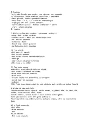 2. Respirator
(raceli, gripa, bronsite acute+cronice, catar pulmonar, tuse, raguseala)
I. Ceai antibronsic (actiune emolienta, expectoranta + antiseptica)
-frunze: patlagina, pod-bal – proprietati emoliente
-frunze: urzica – vit A,C,K + cicatrizanta, antihemoragica
-muguri pin, iarba mare – actiune antiseptica
-radacina ciubotica-cucului – fluidifica sect bronhice-> elimina
-sovarw – actiune antiseptica
2-3 pahare/zi
II. Ceai pectoral (actiune emolienta, expectoranta + antiseptica)
- nalba – flori-> actiune emolienta
- ciubotica-cucului – flori-> efect emolent+expectorant
- tei – flori->act emolienta
- nalba-mare – frunze
- fenicul, isop – antisept pulmonar
- trei frati patati, cimbru de cultura
III. Ceai sudorific
- flori soc->efect sudorific
- flori tei->efect sudorific
- flori musetel->actiune antiseptica+bactericida
- rizomi pir
- isop->actiune antiseptica+bactericida
OBS: Ceaiul se bea caldut!
IV. Ceai pentru gargara
antiseptica-> scade inflamatia+calmeaza durerile
- flori musetel-> dezinfectia mucoaselor
- frunze nalba mare->act. Emolienta
- frunze salvie
- radacina cerentel->act. Hemostatice, act astringente
- capsule mac-> act anestezice
- cimbrisor
OBS: Pentru abcese dentare, gingivite, toate afectiunile gurii, se utilizeaza calduta 1 data/zi.
V. Ceaiuri din alimentatia bebe:
La doua saptamani infuzie: hybiscus, macese, lavanda, tei, ghimbir, afine, soc, menta, mur,
busuioc, coada-soricelului, zmeur, fraguta.
Paraziti: cimbrisor, lavanda, busuioc + uleiuri esentiale aceleasi plante.
Somn agitat/insomnii: hamei, talpa gastii, paducel, tei.
Viroze respiratorii: soc, cimbrisor,busuioc, platlagina, unguras, salvie, tei, radacina lemn
dulce.
VI. a) Tigari antiasmatice:
- flori sulfina
- frunze maselarita
- laur
b) Ceai antiasmic
- flori coada-soricelului
 