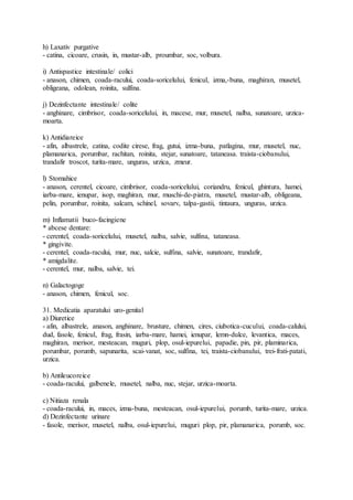 h) Laxativ purgative
- catina, cicoare, crusin, in, mustar-alb, proumbar, soc, volbura.
i) Antispastice intestinale/ colici
- anason, chimen, coada-racului, coada-soricelului, fenicul, izma,-buna, maghiran, musetel,
obligeana, odolean, roinita, sulfina.
j) Dezinfectante intestinale/ colite
- anghinare, cimbrisor, coada-soricelului, in, macese, mur, musetel, nalba, sunatoare, urzica-
moarta.
k) Antidiareice
- afin, albastrele, catina, codite cirese, frag, gutui, izma-buna, patlagina, mur, musetel, nuc,
plamanarica, porumbar, rachitan, roinita, stejar, sunatoare, tataneasa. traista-ciobanului,
trandafir troscot, turita-mare, unguras, urzica, zmeur.
l) Stomahice
- anason, cerentel, cicoare, cimbrisor, coada-soricelului, coriandru, fenicul, ghintura, hamei,
iarba-mare, ienupar, isop, maghiran, mur, muschi-de-piatra, musetel, mustar-alb, obligeana,
pelin, porumbar, roinita, salcam, schinel, sovarv, talpa-gastii, tintaura, unguras, urzica.
m) Inflamatii buco-facingiene
* abcese dentare:
- cerentel, coada-soricelului, musetel, nalba, salvie, sulfina, tataneasa.
* gingivite.
- cerentel, coada-racului, mur, nuc, salcie, sulfina, salvie, sunatoare, trandafir,
* amigdalite.
- cerentel, mur, nalba, salvie, tei.
n) Galactogoge
- anason, chimen, fenicul, soc.
31. Medicatia aparatului uro-genital
a) Diuretice
- afin, albastrele, anason, anghinare, brusture, chimen, cires, ciubotica-cucului, coada-calului,
dud, fasole, fenicul, frag, frasin, iarba-mare, hamei, ienupar, lemn-dulce, levantica, maces,
maghiran, merisor, mesteacan, muguri, plop, osul-iepurelui, papadie, pin, pir, plaminarica,
porumbar, porumb, sapunarita, scai-vanat, soc, sulfina, tei, traista-ciobanului, trei-frati-patati,
urzica.
b) Antileucoreice
- coada-racului, galbenele, musetel, nalba, nuc, stejar, urzica-moarta.
c) Nitiaza renala
- coada-racului, in, maces, izma-buna, mesteacan, osul-iepurelui, porumb, turita-mare, urzica.
d) Dezinfectante urinare
- fasole, merisor, musetel, nalba, osul-iepurelui, muguri plop, pir, plamanarica, porumb, soc.
 