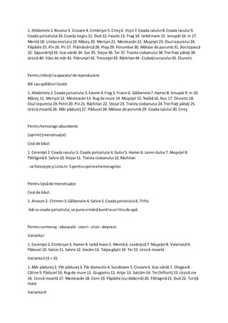1. Albăstrele 2.Brustur3. Cicoare 4. Cimbrişor5.Cireş6. Vişin7.Coada calului 8.Coada racului 9.
Coada şoricelului 10.Coacăz negru11. Dud 12. Fasole 13. Frag 14. Iarbămare 15. Ienupăr16. In 17.
Mentă 18. Limbamielului19.Măceş 20. Merişor21. Mesteacăn22. Muşeţel 23. Osul iepurelui 24.
Păpădie 25. Pin26. Pir27. Plămânărică28. Plop29. Porumbar30. Mătase de porumb31. Rostopască
32. Săpunăriţă33. Scai vânăt 34. Soc 35. Stejar36. Tei 37. Traista ciobanului 38.Trei fraţi pătaţi 39.
Urzică 40. Vâsc de măr 41. Pătrunjel 42. Troscoţel 43. Răchitan44. Ciuboţicacucului 45. Diuretic
Pentruinfecţii laaparatul de reproducere
Băi sauspălături locale
1. Albăstrele 2.Coadaşoricelului 3.Fasole 4.Frag 5. Frasin6. Gălbenele7.Hamei 8. Ienupăr9. In 10.
Măceş 11. Merişor12. Mesteacăn13. Rug de mure 14. Muşeţel 15. Nalbă16. Nuc 17. Diuretic18.
Osul iepurelui 19.Pelin20. Pin21. Răchitan 22. Stejar23. Traista ciobanului 24.Trei fraţi pătaţi 25.
Urzică moartă 26. Măr pădureţ27. Păducel 28. Mătase de porumb29. Coada calului 30. Cireş
Pentruhemoragii abundente
(oprire) (menstruaţie)
Ceai de băut:
1. Cerenţel 2.Coada racului 3. Coada şoricelului 4.Gutui 5. Hamei 6. Lemn dulce 7. Muşeţel 8.
Pătlăgină9. Salvie 10.Stejar11. Traista ciobanului 12.Răchitan
- se foloseşte şi Listanr.5 pentruoprireahemoragiilor.
Pentrulipsăde menstruaţie
Ceai de băut:
1. Anason2. Chimen3.Gălbenele 4.Salvie 5.Coadaşoricelului6.Trifoi
-băi cu coada şoricelului,se pune omânăbună laun litrude apă.
Pentrusurmenaj - oboseală- isterii - crize - depresii
VariantaI
1. Cerenţel 2.Cimbrişor3. Hamei 4. Iarbă mare 5. Mentă 6. Levănţică7. Muşeţel 8. Valeriană9.
Păducel 10. Salcie 11. Salvie 12. Sovârv13. Talpa gâştii 14. Tei 15. Urzică moartă
VariantaII (E+ D)
1. Măr pădureţ2. Păr pădureţ3. Păr domestic4. Sunătoare 5. Cicoare 6. Scai vânăt7. Ologea8.
Căline 9.Păducel 10. Rug de mure 11. Giugastru12. Arţar 13. Salcâm14. Tei (înflorit) 15.Urzică vie
16. Urzică moartă 17. Mesteacăn18. Corn 19. Păpădie (curădăcină) 20. Pătlagină21. Dud 22. Turiţă
mare
VariantaIII
 