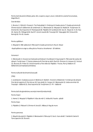 Pentruboli de piele (infecţii,pete,răni,ciuperci,coşuri,arsuri,mâncărimi,exeme furunculoze,
degerături)
Ceai de băut:
1. Brustur 2. Cătină3. Cicoare 4. Trei fraţi pătaţi 5. Cimbrişor6.Coada calului 7.Coada şoricelului8.
Chimendulce 9.Gălbenele 10.Iarbămare 11. Mesteacăn12. Muşeţel 13. Nalbă14. Turiţămare 15.
Aromat16. Osul iepurelui17.Rostopască18. Păpădie 19. Sunătoare 20. Soc 21. Stejar22. In 23. Nuc
24. Hamei 25. Pătlagină26. Dud 27. Urzică moartă 28. Troscoţel 29. Talpa gâştii 30. Ţintaură31.
Roiniţă32. Pin33. Sovârv
Pentruspălături:
1. Muşeţel 2. Măr pădureţ3. Pătrunjel 4.Coada şoricelului5.Nuc 6. Stejar
-dupăspălare se unge cu albuşde ou frecatcu bicarbonat - 10 tablete.
VariantaII
1. Mesteacăn 2. Cicoare (se tripleazăcantitatea) 3.Sunătoare 4.Caşul popii 5. Pătrunjel de casăşi de
câmp 6. Turiţă mare 7. Traista ciobanului 8.Flori de tei alb9. Dud 10. Chimion11.Anason12. Fenicul
13. Busuioc14. Priboi 15. Urzică moartă cu flori albe 16. Păpădia - frunze,flori şi rădăcini 17.
Gălbenele (setripleazăcantitatea).
Pentrutulburări de dinamicăsexuală
(TDS)
1. Levănţică2. Ciuboţicacucului 3.Bărdinoc4. Nalbă5. Viorele 6.Albăstrele 7.Cimbrişorde câmp8.
Flori de tei argintiu9. Flori de soc 10. Scai vânăt 11. Carpen12. Mesteacăn13. Iarba viermilor14.
Troscoţel - rădăcină 15. Osul iepurelui 16.Turiţămare 17. Pir - rădăcină
Pentruboli ale glandelorcusecreţieinternă(endocrinică)
Pentruhiper:
1. Hamei 2. Muşeţel 3.Păpădie 4. Vâsc de măr 5. Volbură6. Fasole - păstăi
Pentruhipo:
1. Păpădie 2. Păducel 3. Chimen4.Urzică 5. Măceş 6. Rug de mure
Pentrupancreas
1. Muşchi de piatră 2. Păpădie 3. Mesteacăn4. Pătrunjel 5.Soc 6. Scai vânăt7. Salcâm8. Salcie 9.
Tonicapecitiv10. Diuretic
 