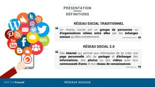 RÉSEAUX SOCIAUX#RETEXYoucef
PRÉSENTATION
R É S E A U X S O C I A U X
SMS
@
Un réseau social est un groupe de personnes ou
d'organisations reliées entre elles par les échanges
sociaux qu'elles entretiennent.
Site internet qui permet aux internautes de se créer une
page personnelle aﬁn de partager et d'échanger des
informations, des photos ou des vidéos avec leur
communauté d'amis et leur réseau de connaissances.
DÉFINITIONS
RÉSEAU SOCIAL TRADITIONNEL
RÉSEAU SOCIAL 2.0
internetsanscrainte.fr
linternaute.com
 