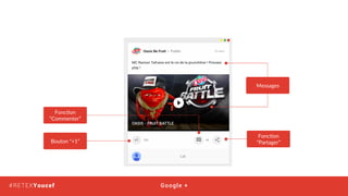 STRATÉGIE SOCIAL MÉDIA#RETEXYoucef
Bouton “+1”
Google +#RETEXYoucef
Fonc;on
“Partager”
Fonc;on
“Commenter”
Messages
 