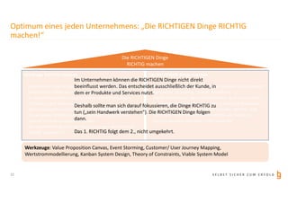S E L B S T S I C H E R Z U M E R F O L G
Optimum eines jeden Unternehmens: „Die RICHTIGEN Dinge RICHTIG
machen!“
12
Die RICHTIGEN Dinge
RICHTIG machen
Die Dinge RICHTIG machen
- Hypothesen über Probleme und Wünsche der Kunden in
bestimmten Kontexten ausreichend schnell aufstellen.
- zu diesen Hypothesen ausreichend schnell Lösungen
(Produkte und Services) bauen
- diese Lösungen ausreichend schnell am Markt testen
- bei positiven Ergebnissen die Lösungen ausreichend
schnell in Serienproduktion geben
- bei negativen Ergebnissen diese Lösungen ausreichend
schnell wegwerfen.
Die RICHTIGEN Dinge machen
- Jedes Unternehmen bedient seine Kunden in bestimmten
Kontexten (Shopping, Urlaub, Mobilität, ...).
- Die Marktrelevanz des Unternehmens wird umso höher,
je öfter Menschen, die sich in den jeweiligen Kontexten
befinden, an genau dieses Unternehmen denken, sich
dort Hilfe holen, in dem die Produkte und Services
genutzt werden und dafür Geld bezahlen.
Werkzeuge: Value Proposition Canvas, Event Storming, Customer/ User Journey Mapping,
Wertstrommodellierung, Kanban System Design, Theory of Constraints, Viable System Model
Im Unternehmen können die RICHTIGEN Dinge nicht direkt
beeinflusst werden. Das entscheidet ausschließlich der Kunde, in
dem er Produkte und Services nutzt.
Deshalb sollte man sich darauf fokussieren, die Dinge RICHTIG zu
tun („sein Handwerk verstehen“). Die RICHTIGEN Dinge folgen
dann.
Das 1. RICHTIG folgt dem 2., nicht umgekehrt.
 