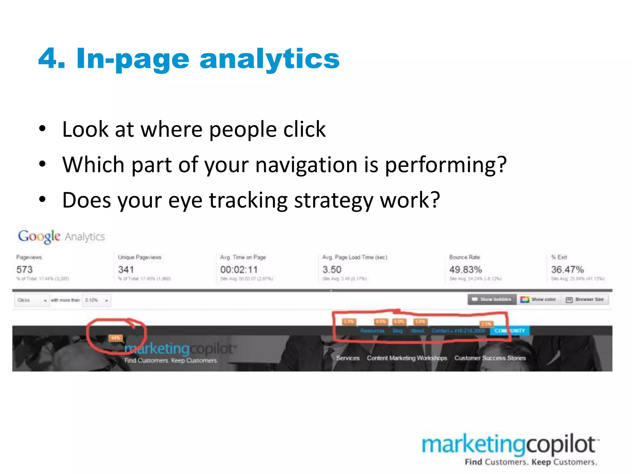 4. In-page analytics
• Look at where people click
• Which part of your navigation is performing?
• Does your eye tracking strategy work?
 