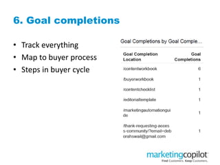6. Goal completions
• Track everything
• Map to buyer process
• Steps in buyer cycle
 