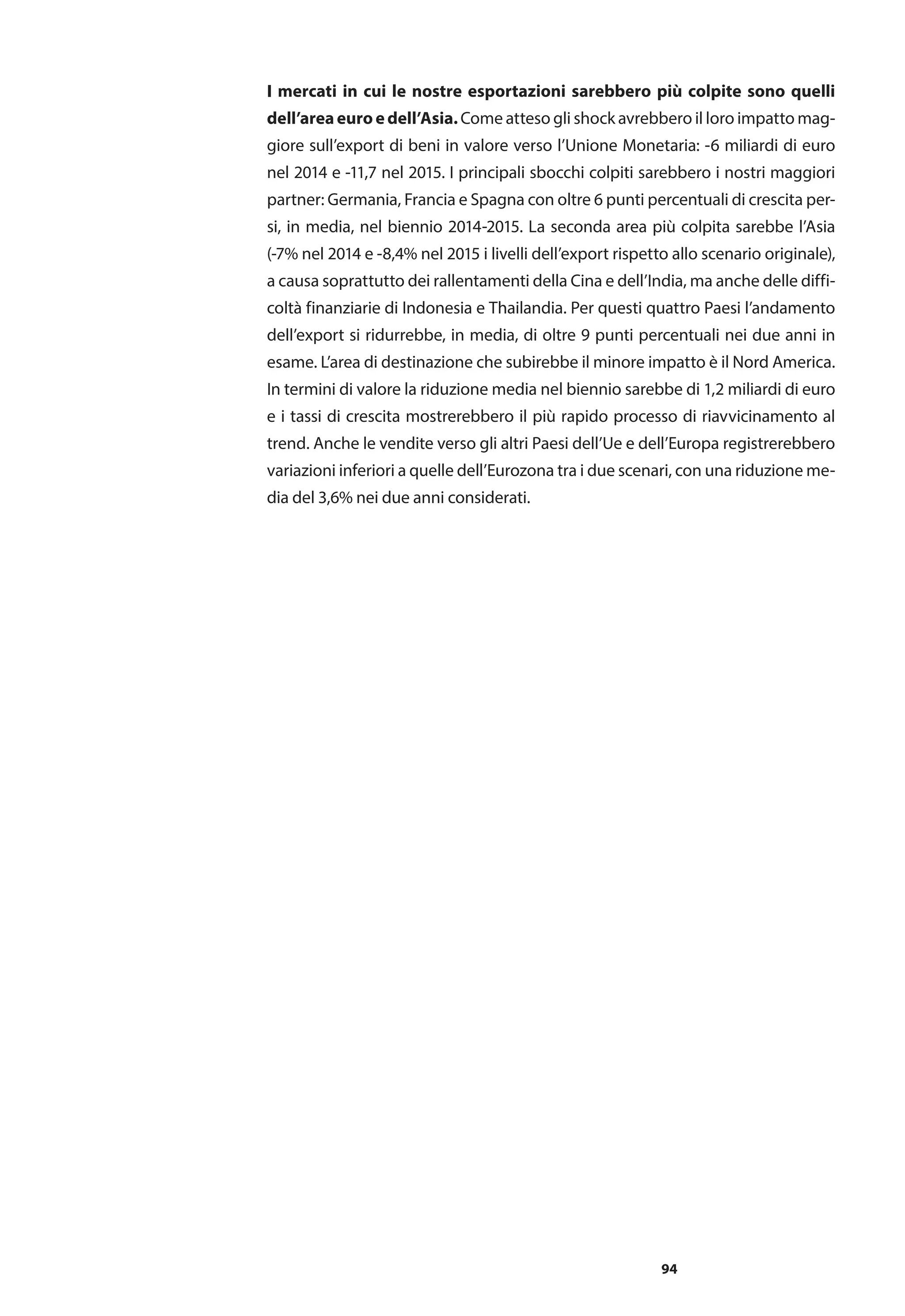 94
I mercati in cui le nostre esportazioni sarebbero più colpite sono quelli
dell’area euro e dell’Asia.Come atteso gli shock avrebbero il loro impatto mag-
giore sull’export di beni in valore verso l’Unione Monetaria: -6 miliardi di euro
nel 2014 e -11,7 nel 2015. I principali sbocchi colpiti sarebbero i nostri maggiori
partner: Germania, Francia e Spagna con oltre 6 punti percentuali di crescita per-
si, in media, nel biennio 2014-2015. La seconda area più colpita sarebbe l’Asia
(-7% nel 2014 e -8,4% nel 2015 i livelli dell’export rispetto allo scenario originale),
a causa soprattutto dei rallentamenti della Cina e dell’India, ma anche delle diffi-
coltà finanziarie di Indonesia e Thailandia. Per questi quattro Paesi l’andamento
dell’export si ridurrebbe, in media, di oltre 9 punti percentuali nei due anni in
esame. L’area di destinazione che subirebbe il minore impatto è il Nord America.
In termini di valore la riduzione media nel biennio sarebbe di 1,2 miliardi di euro
e i tassi di crescita mostrerebbero il più rapido processo di riavvicinamento al
trend. Anche le vendite verso gli altri Paesi dell’Ue e dell’Europa registrerebbero
variazioni inferiori a quelle dell’Eurozona tra i due scenari, con una riduzione me-
dia del 3,6% nei due anni considerati.
 