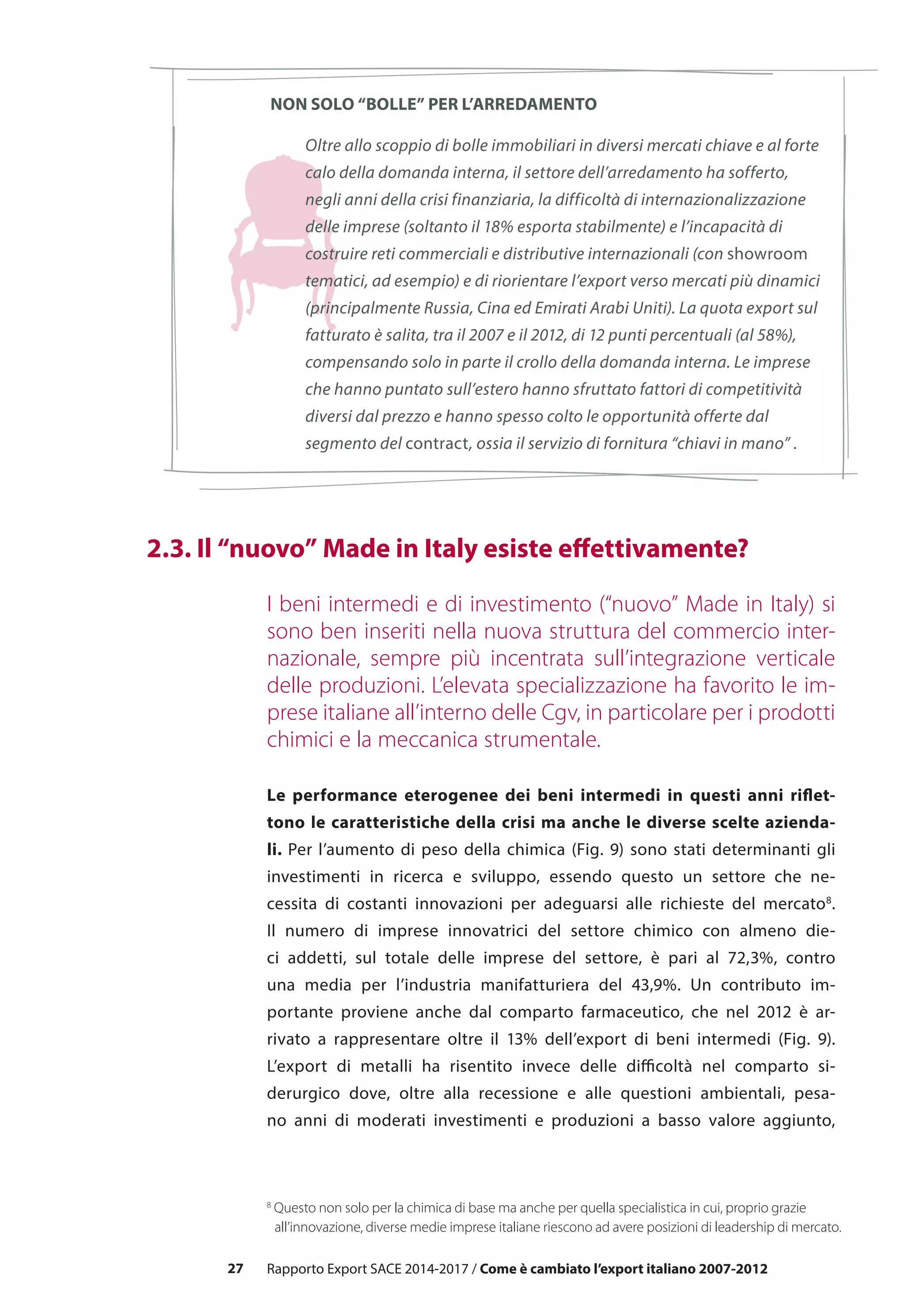 27
8
Questo non solo per la chimica di base ma anche per quella specialistica in cui, proprio grazie
	 all’innovazione, diverse medie imprese italiane riescono ad avere posizioni di leadership di mercato.
Oltre allo scoppio di bolle immobiliari in diversi mercati chiave e al forte
calo della domanda interna, il settore dell’arredamento ha sofferto,
negli anni della crisi finanziaria, la difficoltà di internazionalizzazione
delle imprese (soltanto il 18% esporta stabilmente) e l’incapacità di
costruire reti commerciali e distributive internazionali (con showroom
tematici, ad esempio) e di riorientare l’export verso mercati più dinamici
(principalmente Russia, Cina ed Emirati Arabi Uniti). La quota export sul
fatturato è salita, tra il 2007 e il 2012, di 12 punti percentuali (al 58%),
compensando solo in parte il crollo della domanda interna. Le imprese
che hanno puntato sull’estero hanno sfruttato fattori di competitività
diversi dal prezzo e hanno spesso colto le opportunità offerte dal
segmento del contract, ossia il servizio di fornitura “chiavi in mano” .
Rapporto Export SACE 2014-2017 / Come è cambiato l’export italiano 2007-2012
NON SOLO “BOLLE” PER L’ARREDAMENTO
	 2.3. Il “nuovo” Made in Italy esiste effettivamente? 	
I beni intermedi e di investimento (“nuovo” Made in Italy) si
sono ben inseriti nella nuova struttura del commercio inter-
nazionale, sempre più incentrata sull’integrazione verticale
delle produzioni. L’elevata specializzazione ha favorito le im-
prese italiane all’interno delle Cgv, in particolare per i prodotti
chimici e la meccanica strumentale.
Le performance eterogenee dei beni intermedi in questi anni riflet-
tono le caratteristiche della crisi ma anche le diverse scelte azienda-
li. Per l’aumento di peso della chimica (Fig. 9) sono stati determinanti gli
investimenti in ricerca e sviluppo, essendo questo un settore che ne-
cessita di costanti innovazioni per adeguarsi alle richieste del mercato8
.
Il numero di imprese innovatrici del settore chimico con almeno die-
ci addetti, sul totale delle imprese del settore, è pari al 72,3%, contro
una media per l’industria manifatturiera del 43,9%. Un contributo im-
portante proviene anche dal comparto farmaceutico, che nel 2012 è ar-
rivato a rappresentare oltre il 13% dell’export di beni intermedi (Fig. 9).
L’export di metalli ha risentito invece delle difficoltà nel comparto si-
derurgico dove, oltre alla recessione e alle questioni ambientali, pesa-
no anni di moderati investimenti e produzioni a basso valore aggiunto,
 