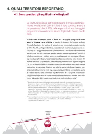 40
La struttura regionale dell’export italiano è rimasta sostanzial-
mente invariata tra il 2007 e il 2012. Il Nord continua ancora a
rappresentare oltre il 70% delle esportazioni, ma i maggiori
progressi si sono verificati in alcune Regioni del Centro e nelle
Isole.
Il baricentro dell’export resta al Nord, ma i maggiori progressi si sono
avuti in Toscana, Lazio e Sicilia. In termini di rilevanza dell’export, la classi-
fica delle Regioni e dei territori di appartenenza è rimasta immutata rispetto
al 2007 (Fig. 19). Le Regioni del Nord, sia occidentale sia orientale, detengono an-
cora la quota maggiore dell’export11
, grazie all’elevata vocazione industriale delle
loro imprese. Tuttavia, rispetto al periodo pre-crisi, sono le Regioni del Centro Sud
e Isole che mostrano i migliori progressi, guadagnando nel complesso 1,5 pun-
ti percentuali a fronte di una contrazione della stessa intensità nelle Regioni del
Nord. È diminuita la quota della Lombardia che, pur rimanendo la prima Regione
(28,1%),harisentitosoprattuttodellacontrazionedellevenditediapparecchiature
elettriche e farmaceutica. Il Lazio a sua volta ha aumentato la sua rilevanza pro-
prio grazie all’incremento nelle esportazioni di quest’ultimo comparto. Le quote
di Toscana e Sicilia sono aumentate rispettivamente di 1 e 0,7 punti percentuali. I
peggioramenti più marcati si sono verificati invece in Veneto e Marche, la cui inci-
denza si è ridotta di 0,8 punti percentuali rispetto al periodo pre-crisi12
.
Lombardia
Veneto
Marche
Chi sale e chi scende
4. Quali territori esportano
	 4.1. Sono cambiati gli equilibri tra le Regioni?
11
Il grado di concentrazione delle esportazioni a livello regionale rimane piuttosto elevato
	Le prime tre Regioni (Lombardia, Piemonte, Veneto) generano oltre il 51% dell’export totale.
	Il quadro è simile anche per i nostri principali partner europei: Germania (58% dell’export da
	Renania settentrionale-Vestfalia, Baden-Württemberg e Baviera); Spagna (50% circa da
	 Catalogna, Comunità di Madrid e Andalusia); Regno Unito (oltre il 52% da Sud-Est, Londra, Est,
	 e Nord-Ovest). Se ne discosta la Francia, dove le prime tre regioni generano export per circa il
	 40% del totale (Île -de-France, Rodano Alpi e Midi-Pirenei). Cfr. al riguardo Mastronardi e
	 Mazzeo (2013).
12
Veneto e Marche hanno risentito in particolare della contrazione delle vendite rispettivamente
	 di mezzi di trasporto, il cui peso si è ridotto del 2,7% rispetto al 2007, e di
	 apparecchiature elettriche (- 4,7%).
 