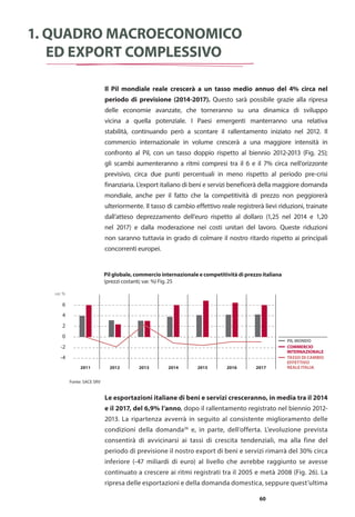 60
1. Quadro macroeconomico
ed export complessivo
Il Pil mondiale reale crescerà a un tasso medio annuo del 4% circa nel
periodo di previsione (2014-2017). Questo sarà possibile grazie alla ripresa
delle economie avanzate, che torneranno su una dinamica di sviluppo
vicina a quella potenziale. I Paesi emergenti manterranno una relativa
stabilità, continuando però a scontare il rallentamento iniziato nel 2012. Il
commercio internazionale in volume crescerà a una maggiore intensità in
confronto al Pil, con un tasso doppio rispetto al biennio 2012-2013 (Fig. 25);
gli scambi aumenteranno a ritmi compresi tra il 6 e il 7% circa nell’orizzonte
previsivo, circa due punti percentuali in meno rispetto al periodo pre-crisi
finanziaria. L’export italiano di beni e servizi beneficerà della maggiore domanda
mondiale, anche per il fatto che la competitività di prezzo non peggiorerà
ulteriormente. Il tasso di cambio effettivo reale registrerà lievi riduzioni, trainate
dall’atteso deprezzamento dell’euro rispetto al dollaro (1,25 nel 2014 e 1,20
nel 2017) e dalla moderazione nei costi unitari del lavoro. Queste riduzioni
non saranno tuttavia in grado di colmare il nostro ritardo rispetto ai principali
concorrenti europei.
6
4
2
0
-2
-4
2011 2012 2013 2014 2015 2016 2017
COMMERCIO
INTERNAZIONALE
PIL MONDO
TASSO DI CAMBIO
EFFETTIVO
REALE ITALIA
Fonte: SACE SRV
var. %
Le esportazioni italiane di beni e servizi cresceranno, in media tra il 2014
e il 2017, del 6,9% l’anno, dopo il rallentamento registrato nel biennio 2012-
2013. La ripartenza avverrà in seguito al consistente miglioramento delle
condizioni della domanda26
e, in parte, dell’offerta. L’evoluzione prevista
consentirà di avvicinarsi ai tassi di crescita tendenziali, ma alla fine del
periodo di previsione il nostro export di beni e servizi rimarrà del 30% circa
inferiore (-47 miliardi di euro) al livello che avrebbe raggiunto se avesse
continuato a crescere ai ritmi registrati tra il 2005 e metà 2008 (Fig. 26). La
ripresa delle esportazioni e della domanda domestica, seppure quest’ultima
Pil globale, commercio internazionale e competitività di prezzo italiana
(prezzi costanti; var. %) Fig. 25
 