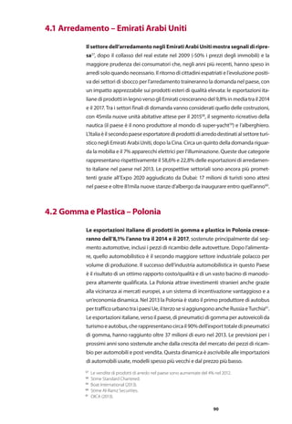 90
57
	 Le vendite di prodotti di arredo nel paese sono aumentate del 4% nel 2012.
58
	 Stime Standard Chartered.
59
	 Boat International (2013).
60
	 Stime Al-Ramz Securities.
61	
OICA (2013).
	 4.1 Arredamento – Emirati Arabi Uniti
Il settore dell’arredamento negli Emirati Arabi Uniti mostra segnali di ripre-
sa57
, dopo il collasso del real estate nel 2009 (-50% i prezzi degli immobili) e la
maggiore prudenza dei consumatori che, negli anni più recenti, hanno speso in
arredi solo quando necessario. Il ritorno di cittadini espatriati e l’evoluzione positi-
va dei settori di sbocco per l’arredamento traineranno la domanda nel paese, con
un impatto apprezzabile sui prodotti esteri di qualità elevata: le esportazioni ita-
lianediprodottiinlegnoversogliEmiraticrescerannodel9,8%inmediatrail2014
e il 2017. Tra i settori finali di domanda vanno considerati quello delle costruzioni,
con 45mila nuove unità abitative attese per il 201558
, il segmento ricreativo della
nautica (il paese è il nono produttore al mondo di super-yacht59
) e l’alberghiero.
L’Italiaèilsecondopaeseesportatorediprodottidiarredodestinatialsettoreturi-
stico negli Emirati Arabi Uniti, dopo la Cina. Circa un quinto della domanda riguar-
da la mobilia e il 7% apparecchi elettrici per l’illuminazione. Queste due categorie
rappresentano rispettivamente il 58,6% e 22,8% delle esportazioni di arredamen-
to italiane nel paese nel 2013. Le prospettive settoriali sono ancora più promet-
tenti grazie all’Expo 2020 aggiudicato da Dubai: 17 milioni di turisti sono attesi
nel paese e oltre 81mila nuove stanze d’albergo da inaugurare entro quell’anno60
.
	 4.2 Gomma e Plastica – Polonia
Le esportazioni italiane di prodotti in gomma e plastica in Polonia cresce-
ranno dell’8,1% l’anno tra il 2014 e il 2017, sostenute principalmente dal seg-
mento automotive, inclusi i pezzi di ricambio delle autovetture. Dopo l’alimenta-
re, quello automobilistico è il secondo maggiore settore industriale polacco per
volume di produzione. Il successo dell’industria automobilistica in questo Paese
è il risultato di un ottimo rapporto costo/qualità e di un vasto bacino di manodo-
pera altamente qualificata. La Polonia attrae investimenti stranieri anche grazie
alla vicinanza ai mercati europei, a un sistema di incentivazione vantaggioso e a
un’economia dinamica. Nel 2013 la Polonia è stato il primo produttore di autobus
pertrafficourbanotraipaesiUe,ilterzosesiaggiungonoancheRussiaeTurchia61
.
Le esportazioni italiane, verso il paese, di pneumatici di gomma per autoveicoli da
turismoeautobus,cherappresentanocircail90%dell’exporttotaledipneumatici
di gomma, hanno raggiunto oltre 37 milioni di euro nel 2013. Le previsioni per i
prossimi anni sono sostenute anche dalla crescita del mercato dei pezzi di ricam-
bio per automobili e post vendita. Questa dinamica è ascrivibile alle importazioni
di automobili usate, modelli spesso più vecchi e dal prezzo più basso.
 