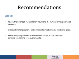 Critical
• Review the balance between library hours and the number of neighborhood
locations.
• Increase time for programs...
