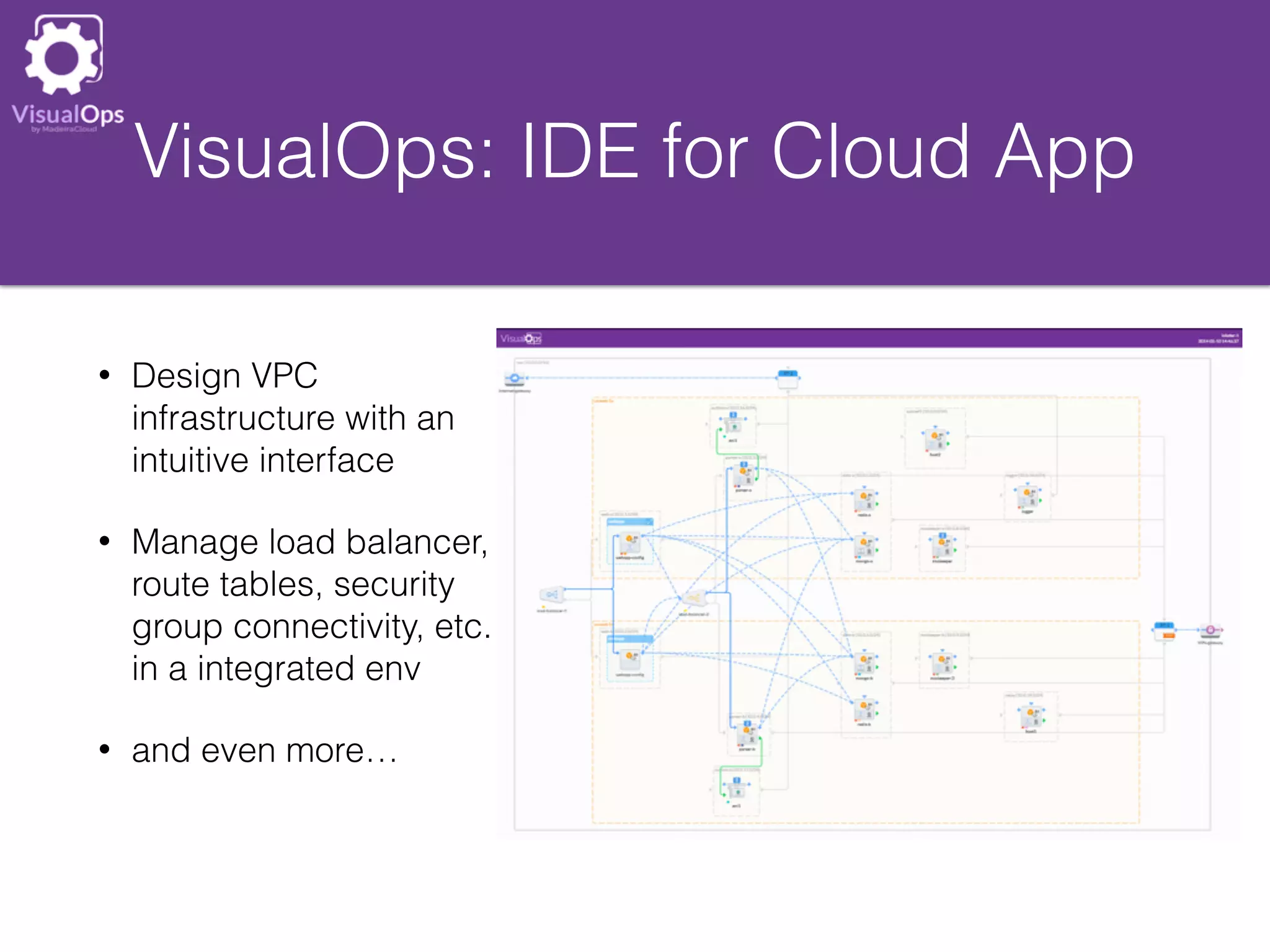• Design VPC
infrastructure with an
intuitive interface
• Manage load balancer,
route tables, security
group connectivity, etc.
in a integrated env
• and even more…
VisualOps: IDE for Cloud App
 