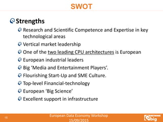 European Data Economy Workshop
15/09/2015
SWOT
Strengths
Research and Scientific Competence and Expertise in key
technological areas
Vertical market leadership
One of the two leading CPU architectures is European
European industrial leaders
Big ‘Media and Entertainment Players’.
Flourishing Start-Up and SME Culture.
Top-level Financial-technology
European ‘Big Science’
Excellent support in infrastructure
15
 