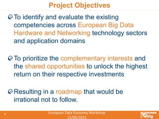 European Data Economy Workshop
15/09/2015
9
Project Objectives
To identify and evaluate the existing
competencies across European Big Data
Hardware and Networking technology sectors
and application domains
To prioritize the complementary interests and
the shared opportunities to unlock the highest
return on their respective investments
Resulting in a roadmap that would be
irrational not to follow.
 