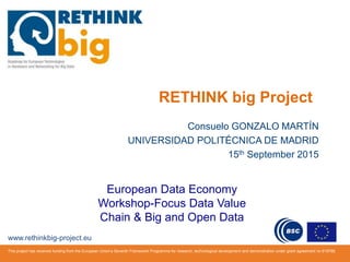 www.rethinkbig-project.eu
This project has received funding from the European Union’s Seventh Framework Programme for research, technological development and demonstration under grant agreement no 619788.
RETHINK big Project
Consuelo GONZALO MARTÍN
UNIVERSIDAD POLITÉCNICA DE MADRID
15th September 2015
European Data Economy
Workshop-Focus Data Value
Chain & Big and Open Data
 