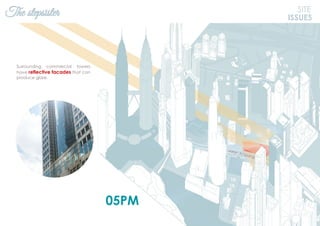 The stepsister SITE
ISSUES
05PM
Surrounding commercial towers
have reflective facades that can
produce glare.
Jalan Ampang
 