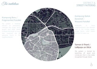 The invitation DISTRICT &
STREET PATTERNS
This pattern is relatively
efficient for pedestrians,
although the longer block
lengths and offset streets
increase the length of many
trips. Laneways are still
generally found in the
neighbourhoods.
Kampung Baru /
Fragmented Parallel
This pattern is formed by
branching off dead end
cul-de-sacs from a few easily
recognized through streets.
Taman U-Thant /
Lollipops on Stick
Walkability in these
neighbourhood is less efficient
due to the curving streets,
longer blocks, offset streets
and lack of mixed use.
Kampung Datuk
Keramat /
Warped Parallel
N
 
