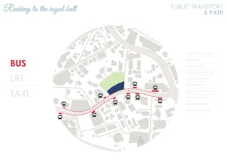BUS
LRT
TAXI
KL2301 KLCC (Utara)
Hotel Corus
Bank of China
KL2306 Ampang Park
KL94 KLCC (Utara)
Wisma Central
KL93 Kum Yam Thong
KL92 Wisma MCA
Menara Citibank
KL91 Ampang Park
Rushing to the royal ball PUBLIC TRANSPORT
& PATH
N
Jalan Ampang
Jalan Tun Razak
 