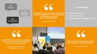 www.2015.mes-production.we-conect.com
„Interessante Themenmischung und viele gute
Interaktionsplattformen - hohes Engagement
der Teilnehmer - sehr gute
Networkingmöglichkeiten.“
Professor, HWR Berlin
“
„Super ungewöhnliches Format, welches
sich sehr gut zum Networking eignet.“
COO, kantwert GmbH
“„Gute Plattform für Networking - vielseitige
Themen rund um Customer Excellence -
neue & interessante Impulse.“
Leitung Customer Excellence
Rittal GmbH & Co. KG
“
85
TEILNEHMER
12
BUSINESS
PARTNER
25
SPEAKER 3 TOP-THEMEN:
1. Customer Excellence
2. Customer Journey
3. Datengetriebene Geschäftsmodelle
 