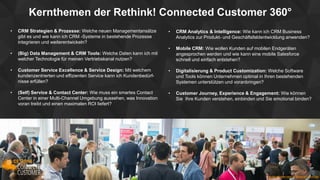 Kernthemen der Rethink! Connected Customer 360°
• CRM Strategien & Prozesse: Welche neuen Managementansätze
gibt es und wie kann ich CRM -Systeme in bestehende Prozesse
integrieren und weiterentwickeln?
• (Big) Data Management & CRM Tools: Welche Daten kann ich mit
welcher Technologie für meinen Vertriebskanal nutzen?
• Customer Service Excellence & Service Design: Mit welchem
kundenzentrierten und effizienten Service kann ich Kundenbedürf-
nisse erfüllen?
• (Self) Service & Contact Center: Wie muss ein smartes Contact
Center in einer Multi-Channel Umgebung aussehen, was Innovation
voran treibt und einen maximalen ROI liefert?
• CRM Analytics & Intelligence: Wie kann ich CRM Business
Analytics zur Produkt- und Geschäftsfeldentwicklung anwenden?
• Mobile CRM: Wie wollen Kunden auf mobilen Endgeräten
angesprochen werden und wie kann eine mobile Salesforce
schnell und einfach entstehen?
• Digitalisierung & Product Customization: Welche Software
und Tools können Unternehmen optimal in Ihren bestehenden
Systemen unterstützen und voranbringen?
• Customer Journey, Experience & Engagement: Wie können
Sie Ihre Kunden verstehen, einbinden und Sie emotional binden?
www.connected-customer.com/de
 