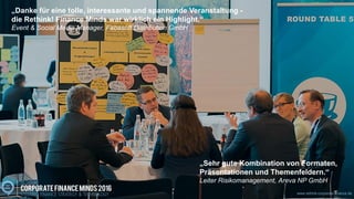 www.disruptive-technologies.de www.rethink-corporate-finance.de
„Es boten sich viele - organisierte - Möglichkeiten, miteinander ins Gespräch zu
kommen. Gutes Setup! Tolle aktive Mischung an Themen, Präsentationen und
Diskussionsformen. Da ist Ihnen ein wirklich gutes Format gelungen!“
Kaufmännischer Leiter, MTU Maintenance Hannover GmbH
„Wie immer bei we.CONECT interessante Vorträge und noch viel mehr
Möglichkeit zum Austausch mit Gleichgesinnten.“
Director Risk Management & Organisation, LEONI Kabel Holding GmbH
www.rethink-corporate-finance.de
„Danke für eine tolle, interessante und spannende Veranstaltung -
die Rethink! Finance Minds war wirklich ein Highlight.“
Event & Social Media Manager, Fabasoft Distribution GmbH
„Sehr gute Kombination von Formaten,
Präsentationen und Themenfeldern.“
Leiter Risikomanagement, Areva NP GmbH
 