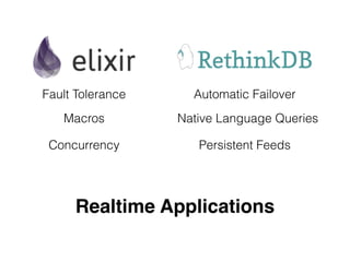 Fault Tolerance Automatic Failover
Macros Native Language Queries
Concurrency Persistent Feeds
Realtime Applications
 