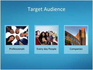 Target	
  Audience	
  

Professionals	
  

Every	
  day	
  People	
  

Companies	
  

 