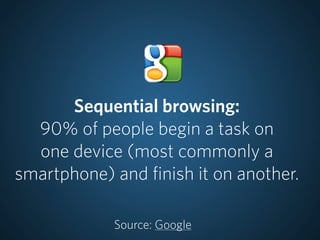 Sequential browsing:
  90% of people begin a task on
  one device (most commonly a
smartphone) and finish it on another.

            Source: Google
 