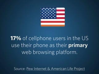 17% of cellphone users in the US
use their phone as their primary
    web browsing platform.

 Source: Pew Internet & American Life Project
 