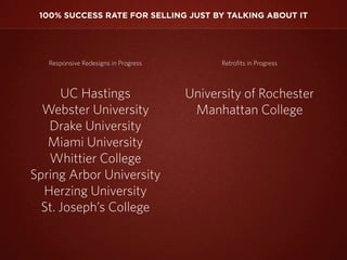 100% SUCCESS RATE FOR SELLING JUST BY TALKING ABOUT IT




   Responsive Redesigns in Progress         Retrofits in Progress



      UC Hastings                     University of Rochester
  Webster University                   Manhattan College
   Drake University
   Miami University
   Whittier College
Spring Arbor University
  Herzing University
  St. Joseph’s College
 