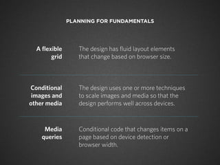 PLANNING FOR FUNDAMENTALS




  A flexible      The design has fluid layout elements
        grid      that change based on browser size.



Conditional       The design uses one or more techniques
 images and       to scale images and media so that the
other media       design performs well across devices.



     Media        Conditional code that changes items on a
    queries       page based on device detection or
                  browser width.
 