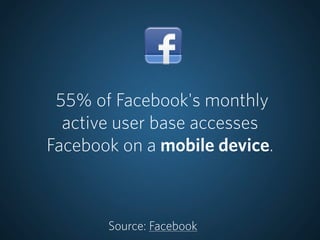 55% of Facebook's monthly
  active user base accesses
Facebook on a mobile device.



       Source: Facebook
 